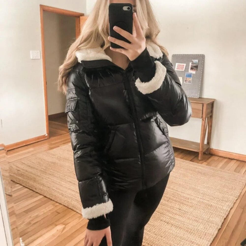 S13 Sherpa Puffer Black Fuzzy Down Quilted Hooded Designer Coat Women's Large